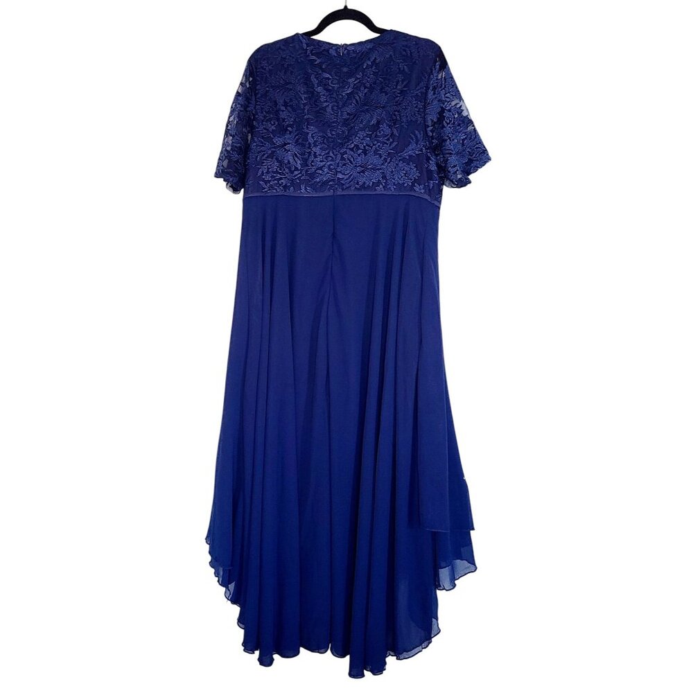 Blue Lace Chiffon Evening Gown Dress Floral V-Neck Sleeves High-Low Hem Size 2XL - Picture 3 of 16